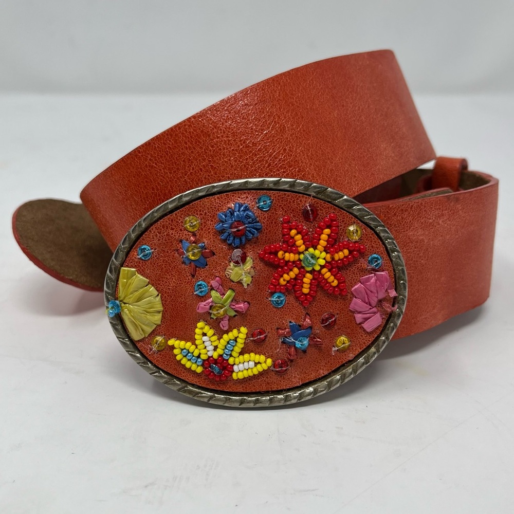 Beaded buckle on Orange leather belt S - Picture 5 of 8